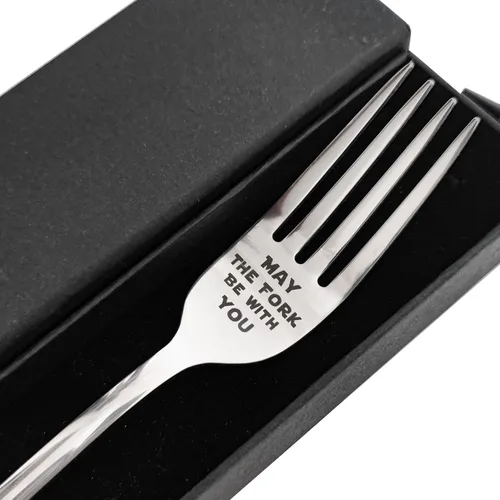 May The Fork Be With You Tenedor de acero inoxidable grabado con láser con caja de regalo, regalo para los fanáticos de StarWars