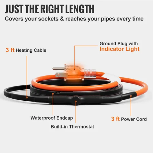 Miniatura 5 de VEVOR Cable de calefacción de tubería autorregulable, cinta térmica de 3 pies y 5 W/pies para protección contra congelación de tuberías, cable