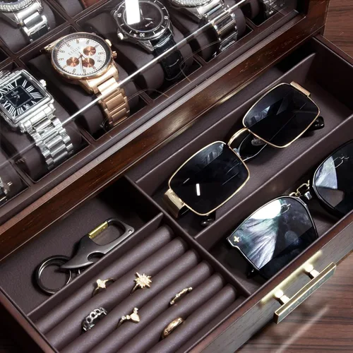 Miniatura 5 de KAMIER Caja organizadora de relojes con 12 ranuras para hombres, organizador de caja de reloj de madera de dos niveles para hombres con soporte