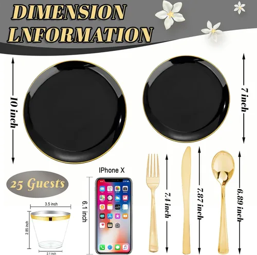 Miniatura 9 de WDF - 150 piezas de platos de plástico negros - Platos desechables negros y dorados - Juegos de vajilla desechables para 25 invitados