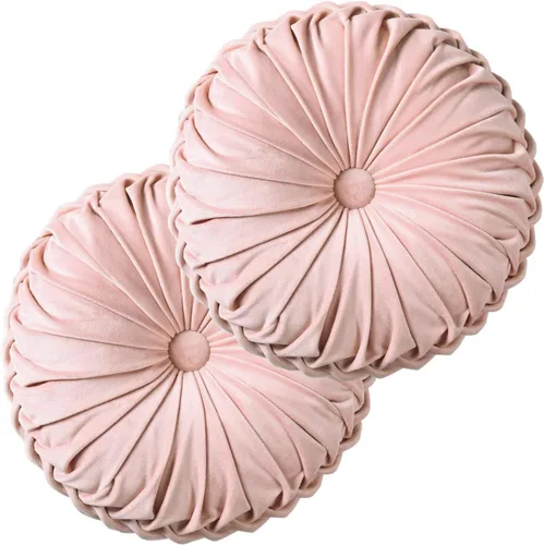 Miniatura 20 de HIG - Juego de 2 almohadas decorativas redondas plisadas, almohadas de calabaza de acento elegantes con botón central, almohadas de suelo