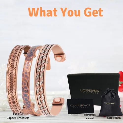 Miniatura 25 de Pulseras de cobre para hombres y mujeres Juego de 3 con caja de regalo Hecho a mano 100% cobre Regalo para mujeres y hombres