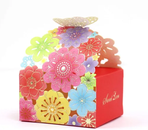 Kslong Juego de 50 unidades por juego de cajas de regalo de galletas con diseño de mariposas y flores, cajas de regalo románticas de boda, bonita