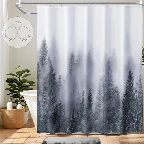 Miniatura 9 de ORTIGIA 36x72 Cortina de ducha de bosque nebuloso para baño pequeño, cortina de ducha estrecha de naturaleza y bosque en blanco y negro con ganchos