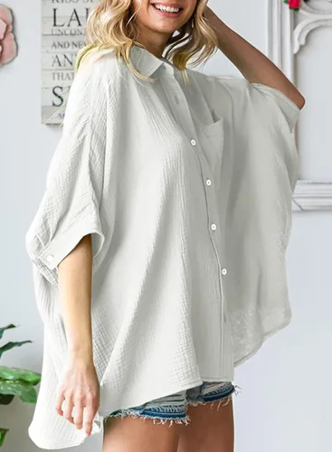 Miniatura 4 de Astylish Camisas de gran tamaño con botones para mujer, manga 34, cuello en V, texturizadas