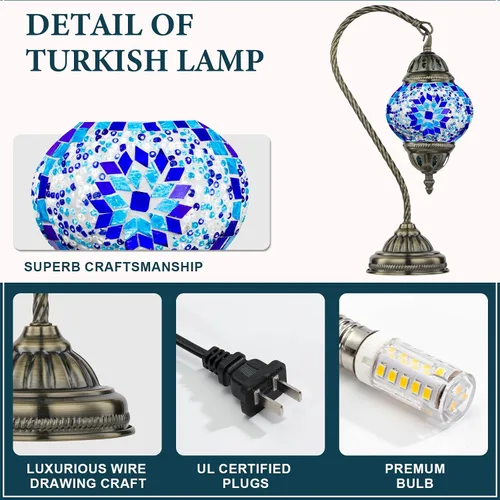 Miniatura 4 de Marrakech Lámpara de mesa turca marroquí con estilo vintage, lámparas Tiffany hechas a mano con vidrio de mosaico y cuello de cisne, base de bronce