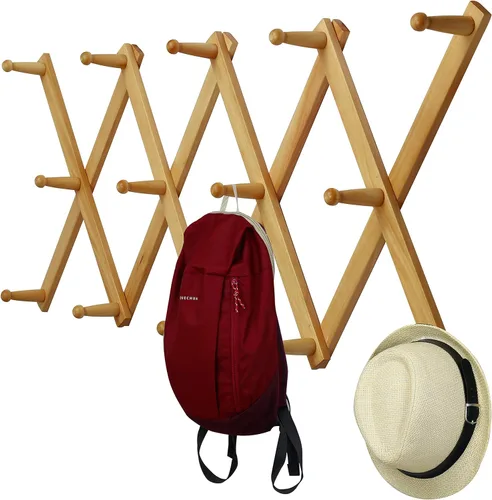 Miniatura 31 de WEBI Acordeón para colgar en la pared, percha de pared para sombreros, acordeón, expandible, de madera, montado en la pared, estante de gancho