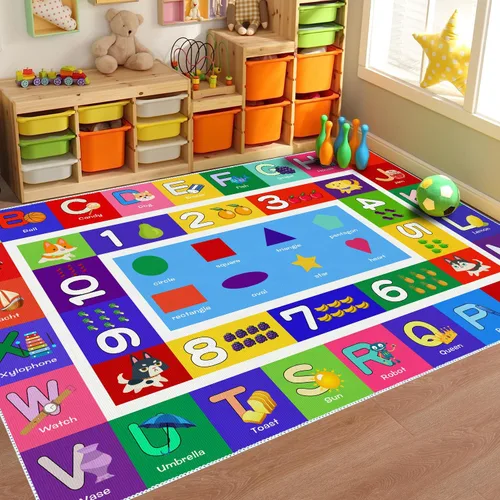 Miniatura 9 de ABC - Alfombra de juego para niños, con forma del alfabeto, con números del alfabeto, alfombra de área educativa de aprendizaje de frutas, grande