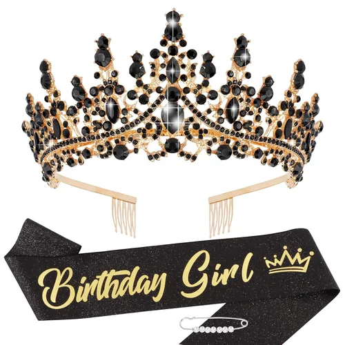 TOBATOBA Banda de Cumpleaños Coronas de Cumpleaños para Mujeres Niñas, Decoraciones de Cumpleaños para Mujeres, Metal Diamante falso Cristal Negro