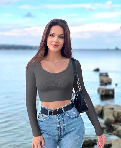 Miniatura 5 de OQQ Camiseta corta de 3 piezas para mujer, manga larga, cuello redondo, elástica, ajustada, para mujer