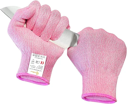 Miniatura 10 de Guantes Evridwear resistentes a los cortes, grado alimenticio nivel 5, protección de seguridad para la cocina (Pequeño, Rosa)