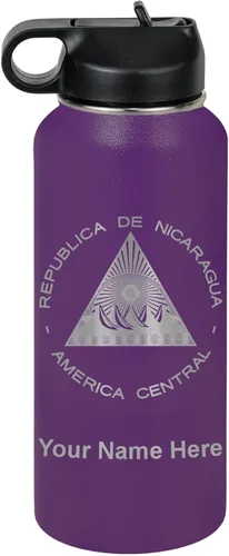 Miniatura 46 de LaserGram Botella de agua personalizada, bandera de Nicaragua, acero inoxidable de doble pared aislada al vacío con popote superior, regalo grabado