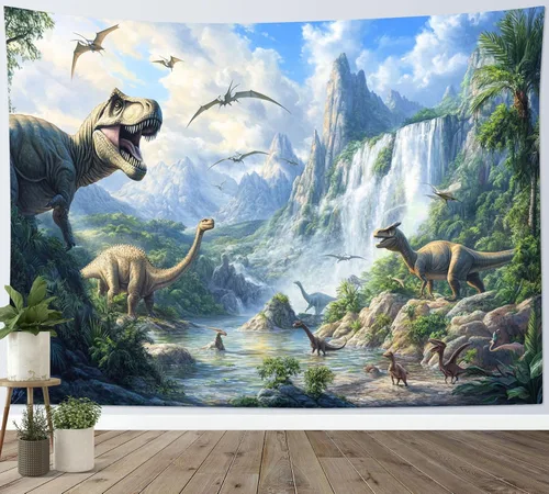 Miniatura 17 de HVEST Tapiz de dinosaurio salvaje y antiguo depredador para colgar en la pared, bosque tropical con árboles verdes y montañas, tapices de pared