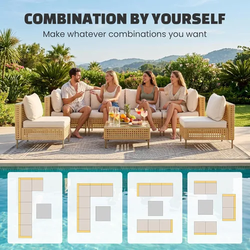 Miniatura 7 de LHBcraft Juego de muebles de mimbre para patio al aire libre, muebles modulares de ratán para exteriores, juegos de conversación de patio, ratán
