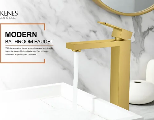 Miniatura 2 de KENES Grifo de Baño Alto de Oro Cepillado, Grifo de Lavabo de Una Sola Manija para Lavabo de Recipiente, Grifo de Baño de Tocador Dorado con Líneas