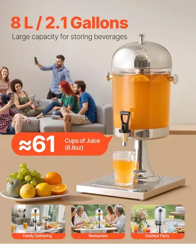 Miniatura 2 de VEVOR Dispensador de bebidas, dispensador de bebidas de 2.1 galones para fiestas, dispensadores de jugo de acero inoxidable + plástico con bandeja