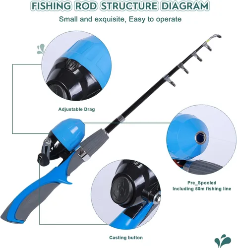 Miniatura 3 de Urban Deco Kit de caña de pescar para niños, 2 unidades, caña de pescar telescópica portátil para niños con caja de aparejos, 2 redes de pesca y 2