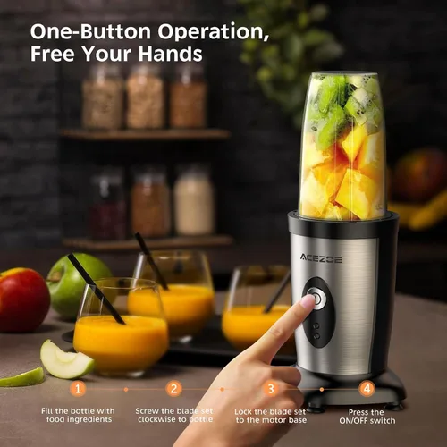 Miniatura 5 de Acezoe Batidora de licuadora y batidos, licuadora portátil de 850 W, mezclador de un botón, 3D 6 hojas, 2 botellas personales de 17 onzas, cocina