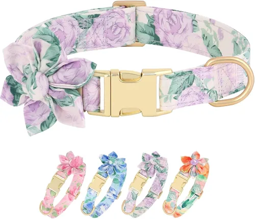 Miniatura 18 de Collares de perro femeninos Beirui con patrones florales vibrantes, collar de perro hembra con flor para caminar, collar ajustable duradero