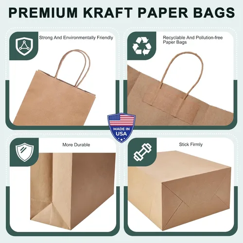 Miniatura 4 de METRONIC Bolsas de papel marrón de 10 x 5 x 13 pulgadas, 50 unidades, bolsas de regalo de papel kraft de tamaño mediano con asas, bolsa de papel