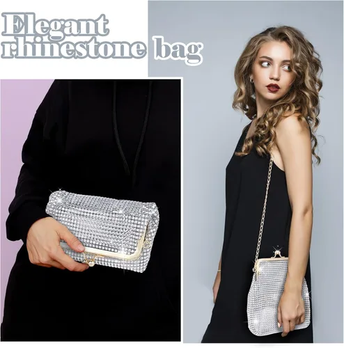 Miniatura 2 de QLBO Pequeño bolso plateado brillante para mujer, bolso de mano plateado con lentejuelas, bolso de mano plateado con diamantes de imitación