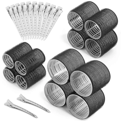 Juego de rodillos y rizadores de cabello de autoagarre, 24 piezas con 3 tamaños (4 jumbo, 4 grandes, 4 medianos) y 12 clips para cabello largo,
