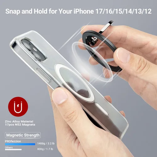 Miniatura 2 de PROfezzion Soporte de anillo de metal fino para MagSafe, agarre magnético extraíble y fuerte para iPhone 17, 16, 15, 14, 13, 12 Pro Max, con funda