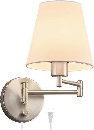 VONLUCE Lámpara de pared con brazo oscilante ajustable moderna de níquel cepillado, iluminación de aplique de pared enchufable para mesita de noche