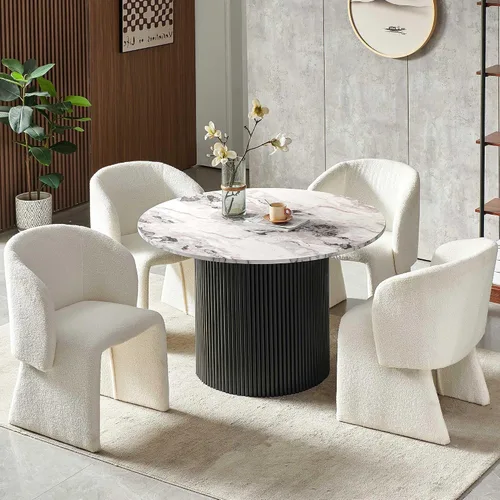 Miniatura 10 de Homedot Juego de mesa de comedor de 3 piezas para 2, mesa de cocina redonda de 47" y sillas de comedor tipo barril tapizadas en marrón, juego