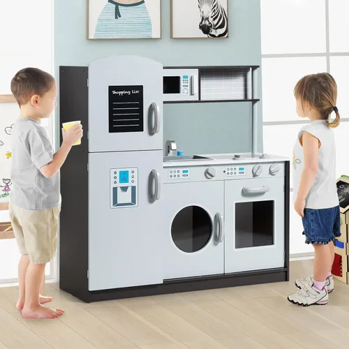 Miniatura 2 de Juego de cocina, juego de cocina de madera para niños con microondas, refrigerador, lavadora, fregadero, accesorios de cocina, hornos, juguetes