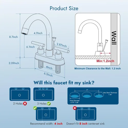 Miniatura 6 de Grifo central de lavabo de baño de 4 pulgadas, 3 agujeros, 2 asas, grifos de baño con varilla de elevación, tapón de drenaje, grifo de tocador