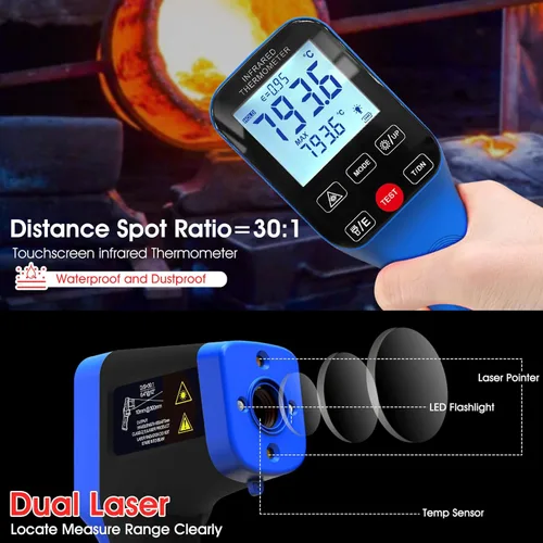 Miniatura 5 de Pirómetro AI-1600APP, -58℉~2912℉ Pistola de termómetro de alta temperatura D: S=30:1 pistola de termómetro IR industrial láser dual con botones
