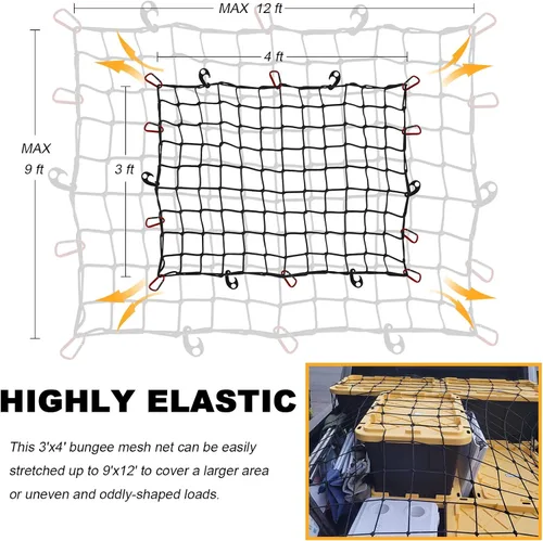 Miniatura 4 de GSPSCN Red de carga de 3 x 4 pies para cama de camioneta, remolque, barco, RV, SUV se estira hasta 9 x 12 pies Red máxima para portaequipajes, malla
