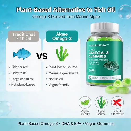 Miniatura 6 de Suplemento de aceite de algas omega-3 vegano con DHA 300 mg y EPA 150 mg, Omega-3 a base de plantas con vitamina D3 y K2, cápsulas blandas de aceite