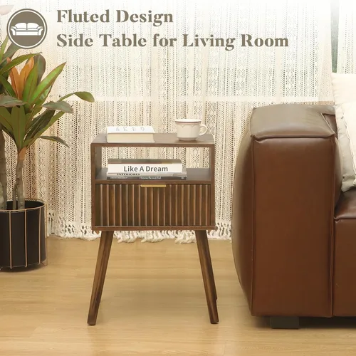 Miniatura 7 de Fultyle Mesita de noche de nogal, mesa de noche de madera con cajones acanalados y estante abierto, mesita de noche de madera para dormitorio