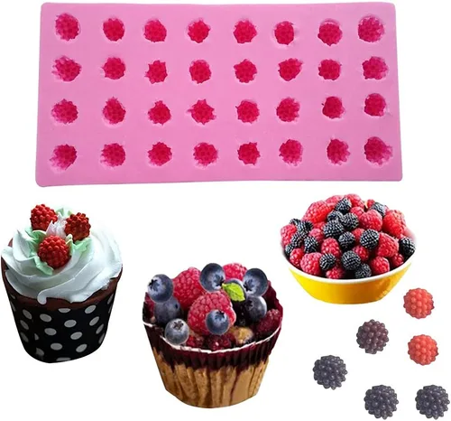 Molde de fruta de silicona 3D de morera y frambuesa, 32 agujeros, pequeño, fresa, chocolate, galletas, postre, horneado, bricolaje, arcilla epoxi