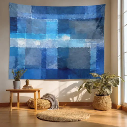 Miniatura 9 de Batmerry Tapiz azul y blanco, tapiz abstracto de pintura azul, negro, gris y blanco, para sala de estar, dormitorio, pared, decorativo, 51.2 x 59.1