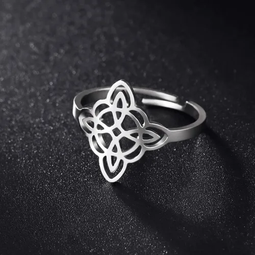 Miniatura 7 de Dreamtimes Anillo de nudo de bruja para mujer, de acero inoxidable, con barra abierta, ajustable, celta, cuaternario, nudo de bruja, amuleto