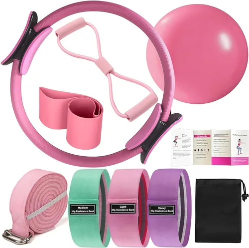 Kit de anillo de pilates para mujeres, mejores equipos esenciales de pilates para entrenamientos en casa, accesorios, anillo mágico, bandas de Rosa