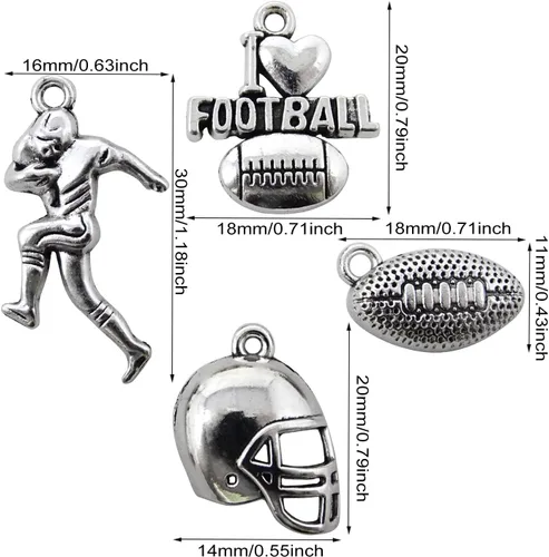 Honbay 80 dijes deportivos de bola de aleación, dije de fútbol, jugador de rugby, colección de dijes para casco, para manualidades, aretes,