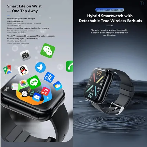 Miniatura 6 de Tuanzi Reloj inteligente T1 2 en 1 con auriculares inalámbricos 1.8 pulgadas HD Fitness Tracker con monitor de frecuencia cardíaca 19 modos