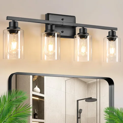 Miniatura 12 de Ascher 2 luces de pared, lámpara de tocador moderna con acabado negro, luz de pared con pantalla de vidrio transparente para espejo, pasillo