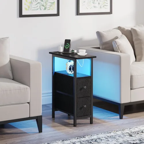 Miniatura 8 de TRIFEBLE Mesa auxiliar con estación de carga, mesa auxiliar estrecha con 2 cajones de tela, mesita de noche delgada con luz LED, mesita de noche