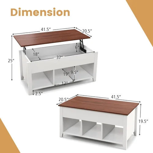 Miniatura 3 de Mesa auxiliar elevable, mesa de té moderna 2 en 1 con compartimento de almacenamiento oculto y 3 estantes de almacenamiento abiertos, mesa central