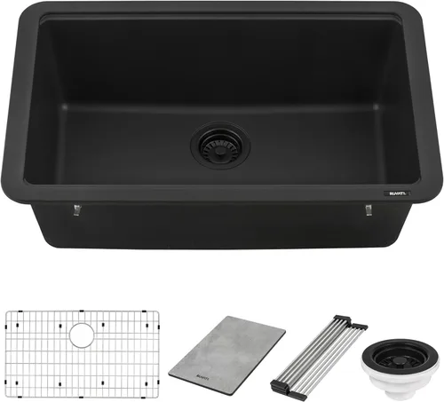 Ruvati Fregadero de cocina de cuarzo compuesto de granito de 30 pulgadas con estación de trabajo, montaje por debajo y acabado negro mate - RVG2310BK