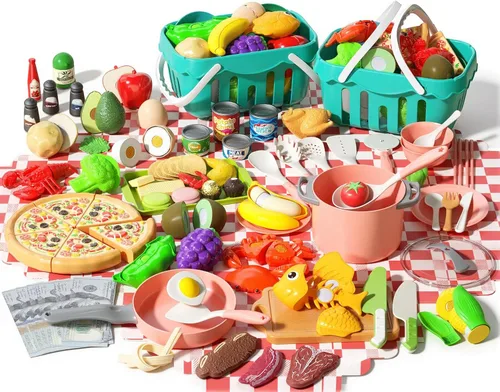 Juego de cocina de 150 piezas, accesorios de utensilios de cocina de juguete para niños pequeños, comida, manta de picnic, frutas, verduras, paquete