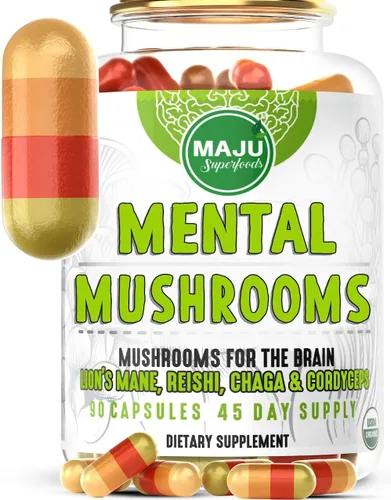 Cápsulas de hongos mentales, suplemento de extracto orgánico con melena de león, cordyceps, reishi y chaga, aumenta tu enfoque, energía, bienestar y