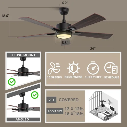 Miniatura 5 de SMAAIR Ventilador de techo inteligente con luz de 52 pulgadas, control remoto de 10 velocidades/aplicación, luz LED regulable moderna, motor CC