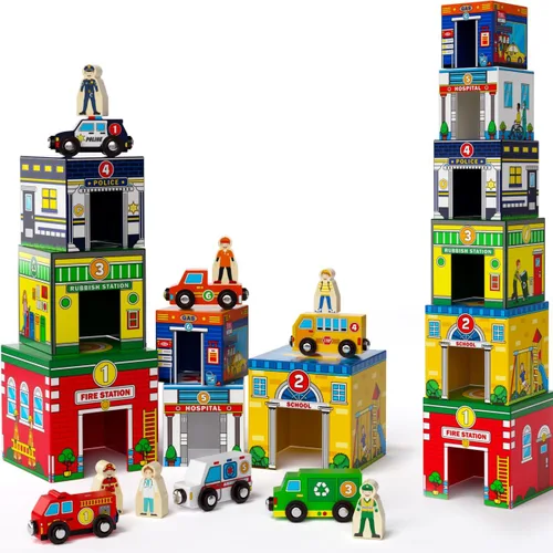 Atoylink - Juguetes de clasificación y apilamiento para niños pequeños con autos magnéticos de madera y ayudantes comunitarios, bloques de números