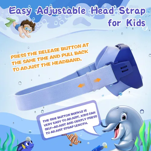 Miniatura 6 de Máscara de snorkel para niños, máscara de buceo de 180° con cubierta para la nariz, gafas de natación antiniebla para niños con correa de tela Azul